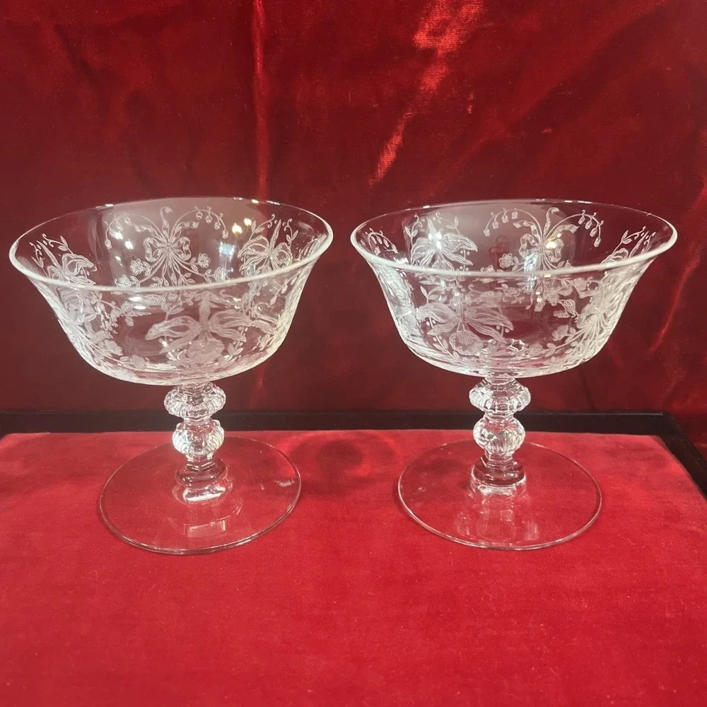 set of 2 Heisey Etched glass Orchid sherbets Champagne goblets